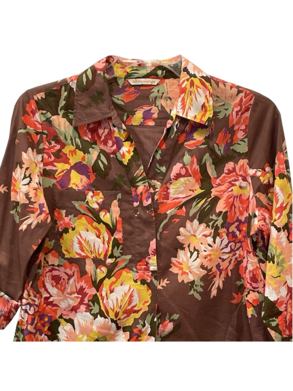 Soft Surroundings Womens Size Large Brown Floral Tunic Top Button Front Pockets - Picture 6 of 15